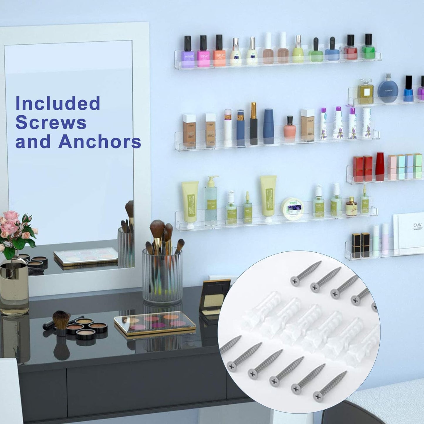 FEMELI 24 Inch Nail Polish Wall Rack: 6 Shelves Clear Acrylic Nail Polish Holder Organizer for 130-180 Bottles (24 Inch, Clear)