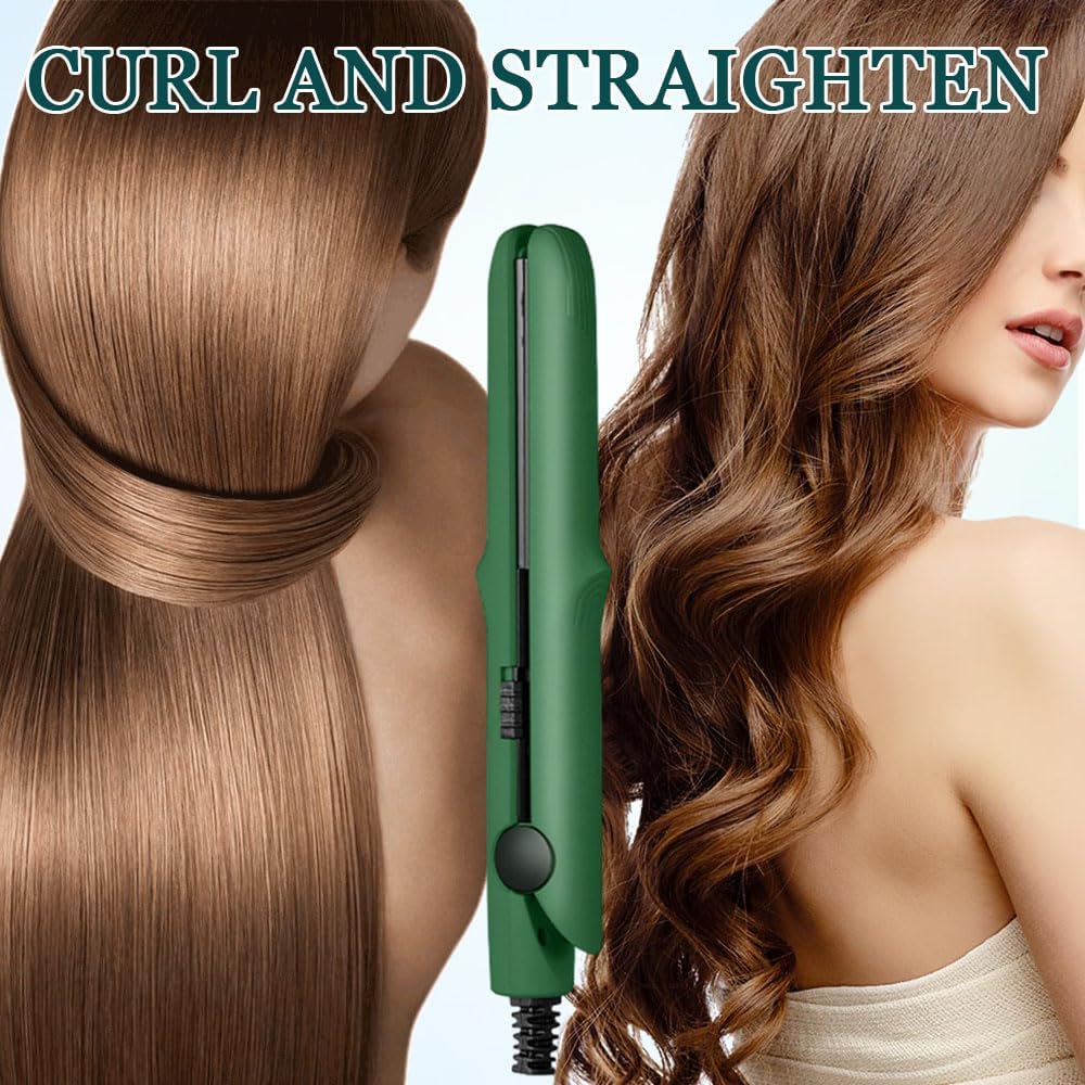 2025 New Mini Dual Purpose Curling Iron, 2 in 1 Mini Curling Wand & Flat Iron Hair Straightener, Portable Travel Curling Wand for Women Short Hair, Hair Straightener for All Hair Types (Green)