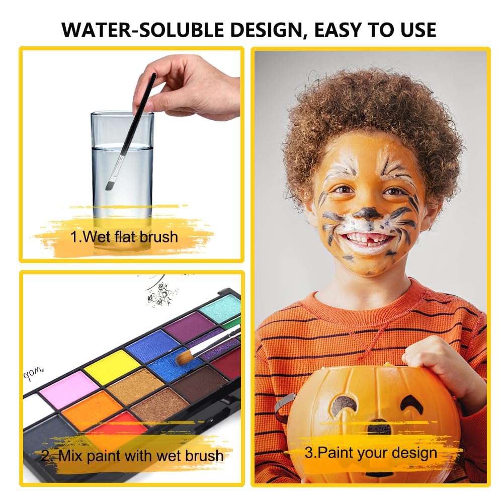 Face Paint Kit, Painting Palette with Brushes Body Paint Face Makeup Safe and Easy to Clean for Halloween Carnivals Cosplay Party Stage Performances (18 Colors + 10 Brushes)