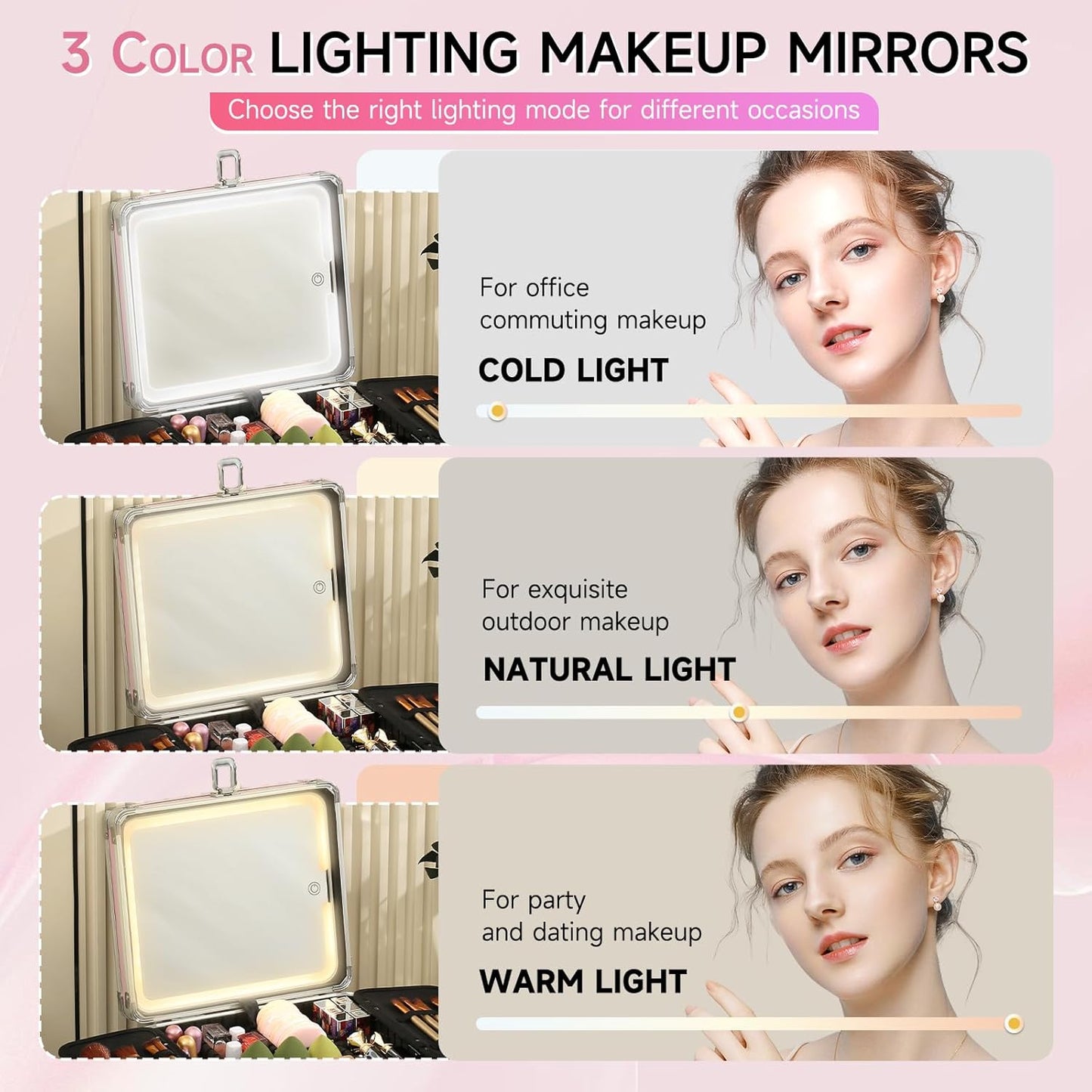 Leeora&Leekoo Makeup Box with Lighted Mirror,Portable Makeup Train Case Organizer (Pink1)