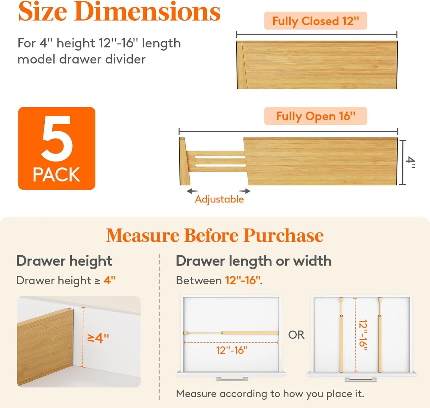 Lifewit 5 Pack 4" High Bamboo Drawer Dividers, 12-16" Adjustable Drawer Organizers for Clothes, Wood Dresser Drawer Divider, Expandable Deep Drawer Separators for Dresser, Kitchen, Bedroom, Bathroom