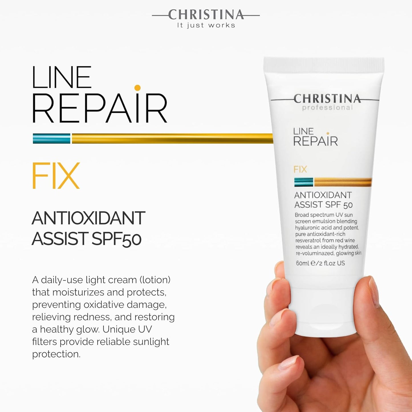 Christina Line Repair Fix Antioxidant Assist SPF 50 Sunscreen for Face - 60 ml - Broad Spectrum UVA/UVB Protection Daily Face Sunscreen with Hyaluronic Acid and Resveratrol