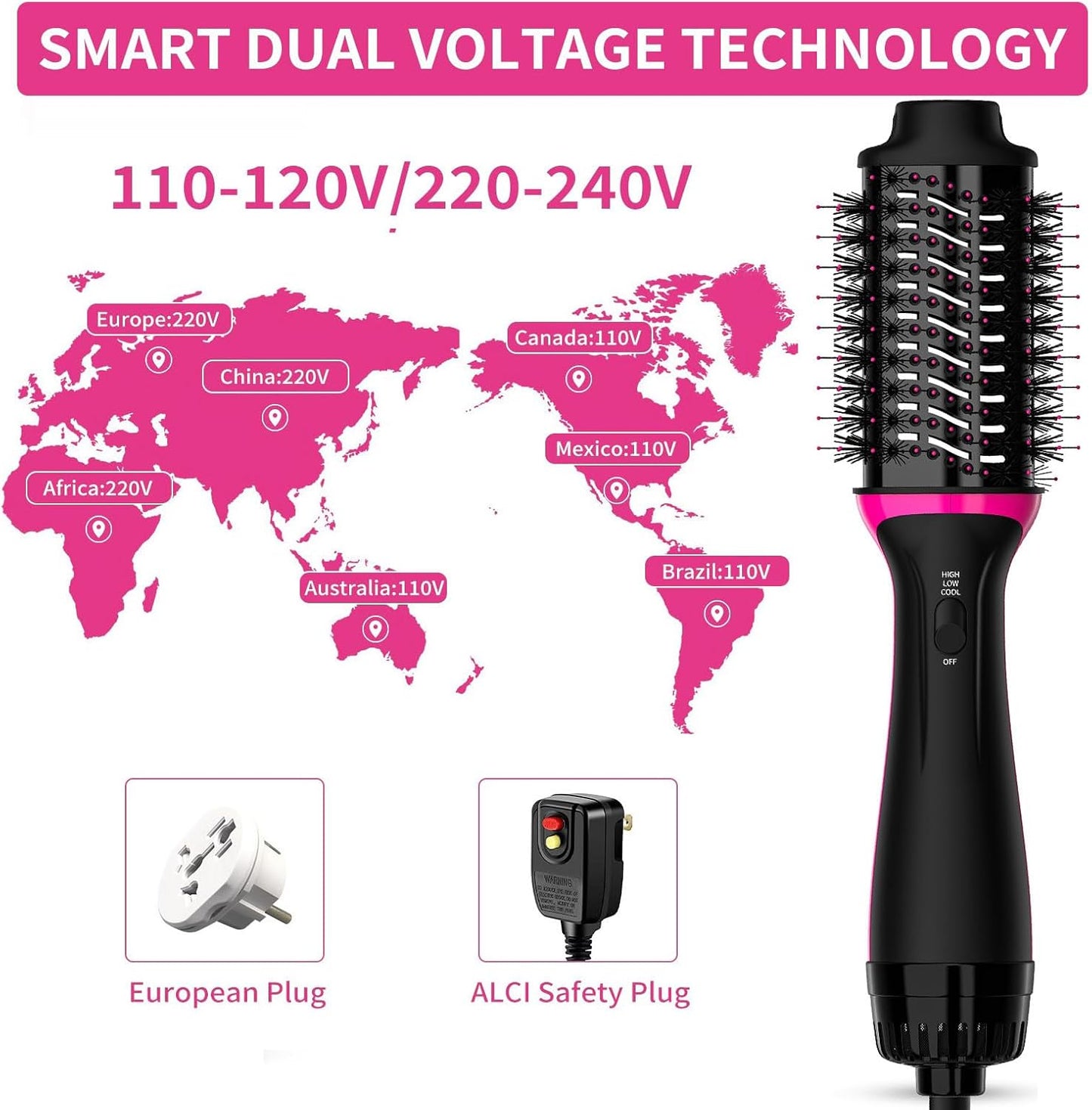 Dual Voltage Hair Dryer Brush for European Travel, Plus 2.0 Blow Dryer Brush with European Plug 110V-120V/220V-240V One Step Hair Dryer and Styler Volumizer with Negative Ion Anti-frizz Styling