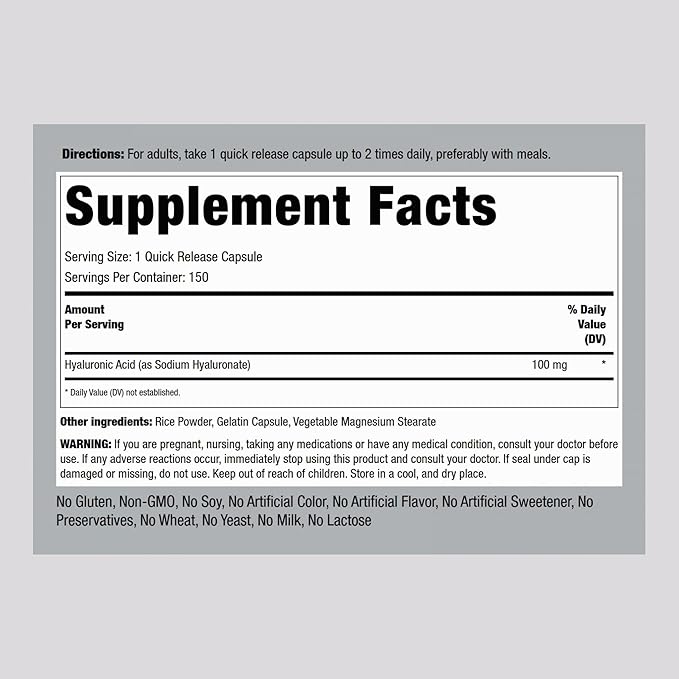 Piping Rock Hyaluronic Acid Capsules | 100mg | 150 Count | Premium Formula | Non-GMO, Gluten Free Supplement