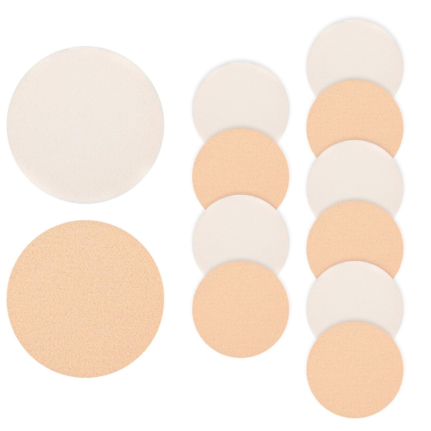 Jeffdad 12 Pcs Round Makeup Sponges, Facial Powder Puff Cosmetic Sponge Round Foam Pad Beauty Makeup Eye Foundation Powder Blender for All Skin Types Wet and Dry Dual Use(Skin color + white)