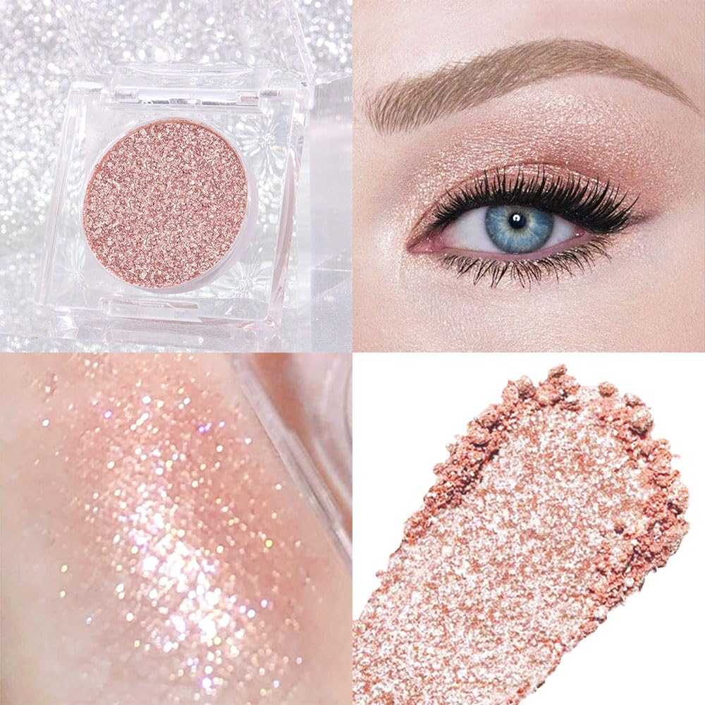 Glitter Shimmer Sparkle Eye Shadow Palette Makeup for Women, Shimmer Rose Gold Glitter Metallic Holographic Iridescent Cream Iridescent Single Monochrome Eyeshadow Makeup