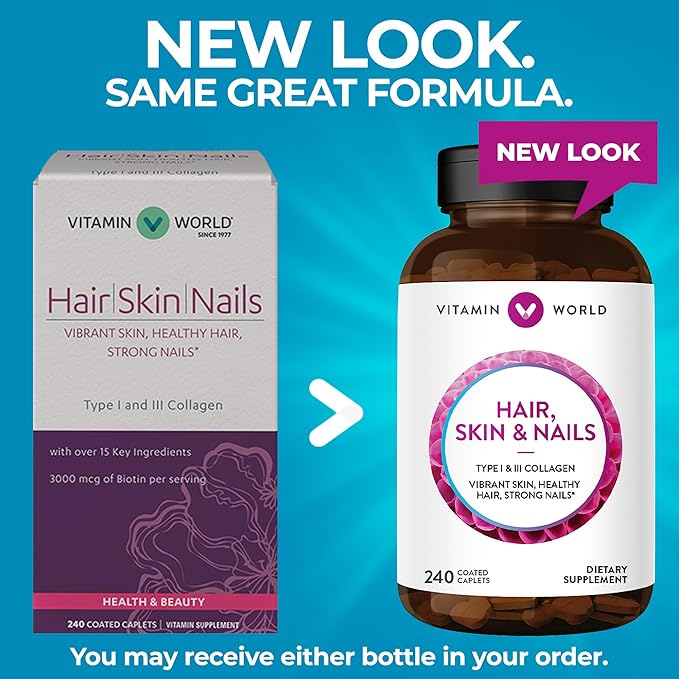 Vitamin World Hair, Skin and Nails Formula 240 caplets, Type I and III Collagen, 3000mcg Biotin, Antioxidant, Coated, Gluten Free