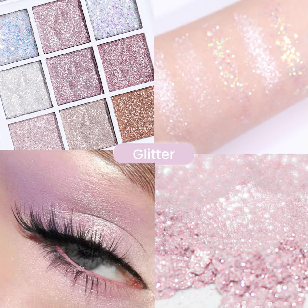 Glitter Shimmer Eye Shadow Palette Makeup,Pink White Purple Sparkle Warm Pastel 9 Colors Eye Shadow Palette,Nude White Eyeshadow Palette Colorful Long Lasting Waterproof Naturing-Looking