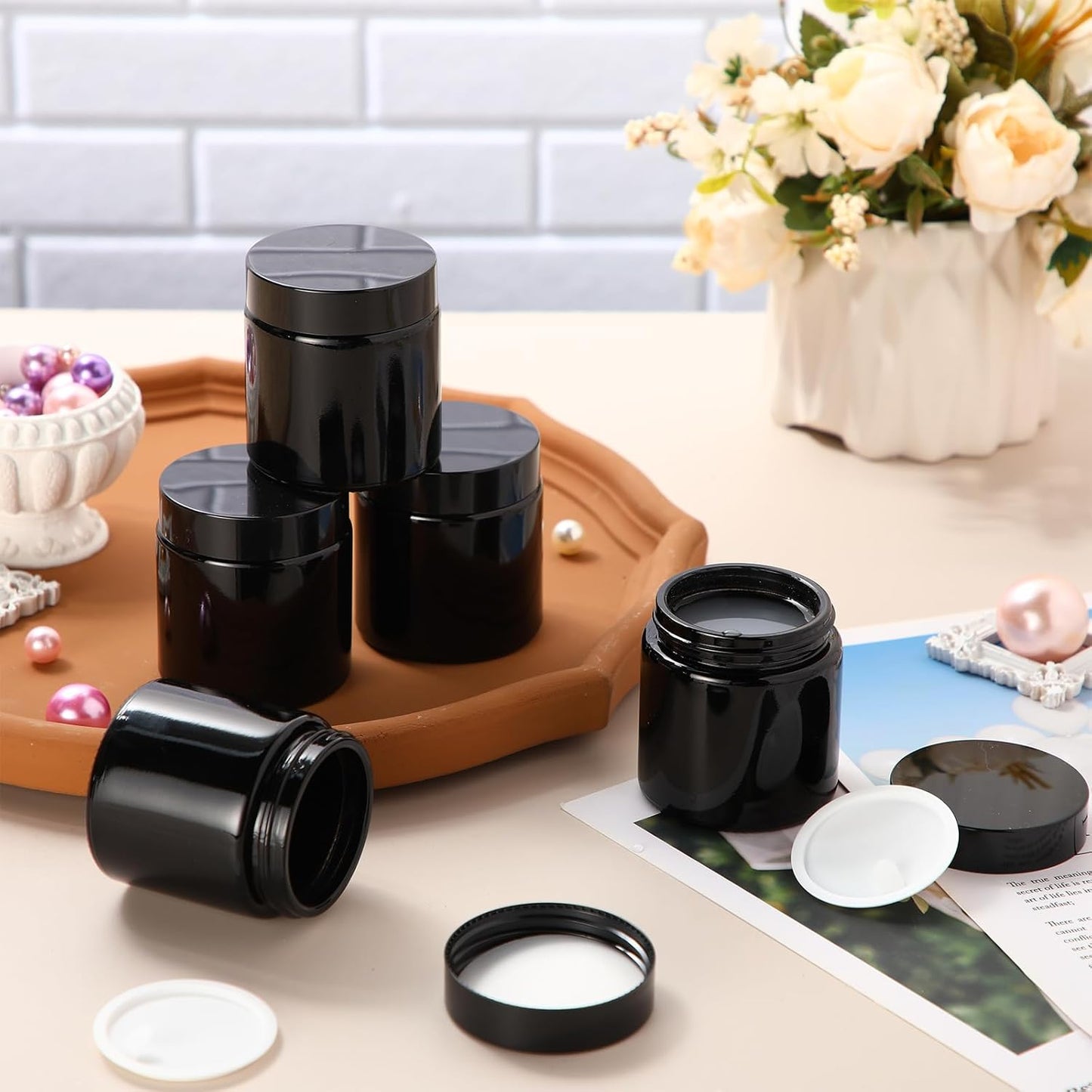 Norme 4 oz Glass Jars with Lids Leakproof Round Airtight Empty Cosmetic Jars with Inner Liners Lid for Storing Lotions Powder Ointments Candle Making Tins(64 Pcs,Black)