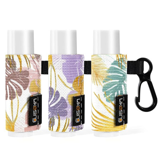 Chapstick Holder Key Chain, Lip Balm Holder for Chapstick Lip Gloss, Elastic Sleeve Chapstick Keychain Holder for Keys Purse Lanyard Gift for Women Girls (Tropical Leaf, 3pcs)