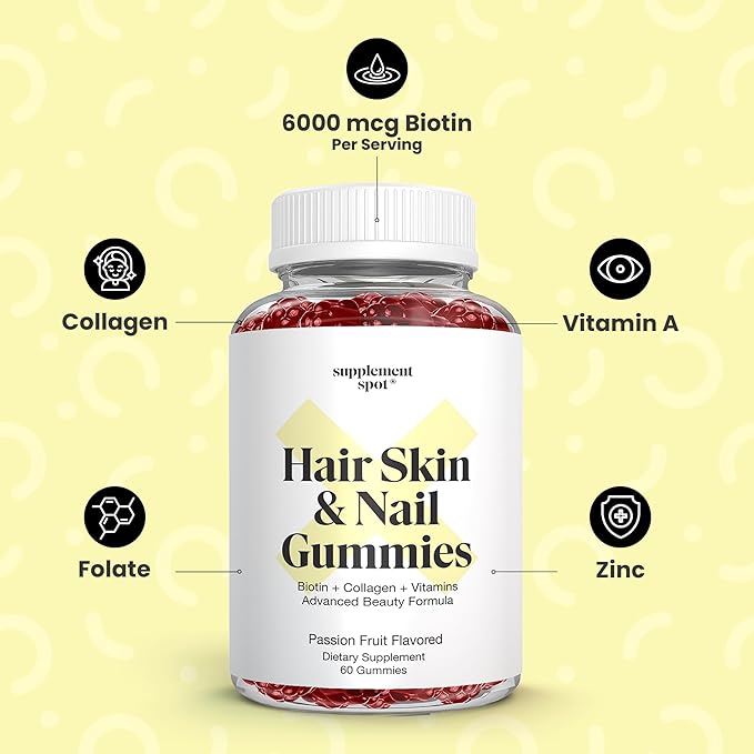 Hair Skin and Nails Vitamins, 6000 mcg Biotin Gummies w/Collagen, Passion Fruit Flavored Hair Vitamins, Gluten Free Collagen Supplements (60 Count)