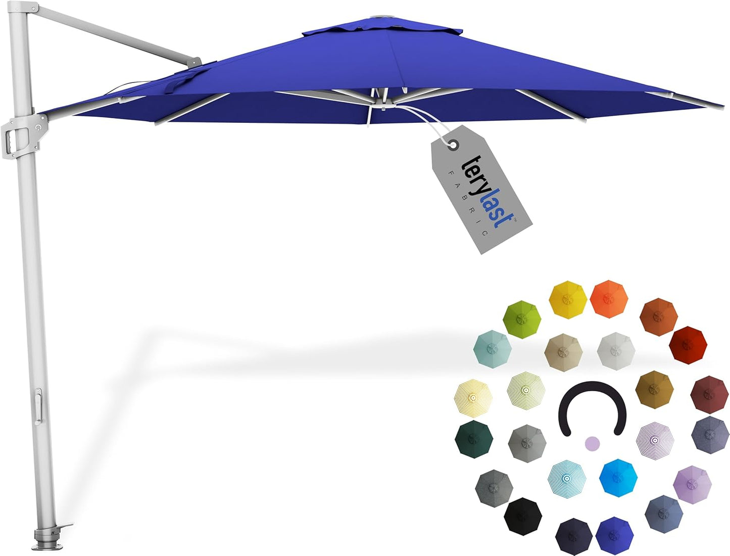 Midtown Umbrellas The Grande Round 10 FT Outdoor Cantilever Patio Umbrella w/Terylast Midnight (Royal Blue) Polyester Fabric - 8 Rib Frame Offset w/Tilt & 360° Rotate Pedal System - Silver Frame