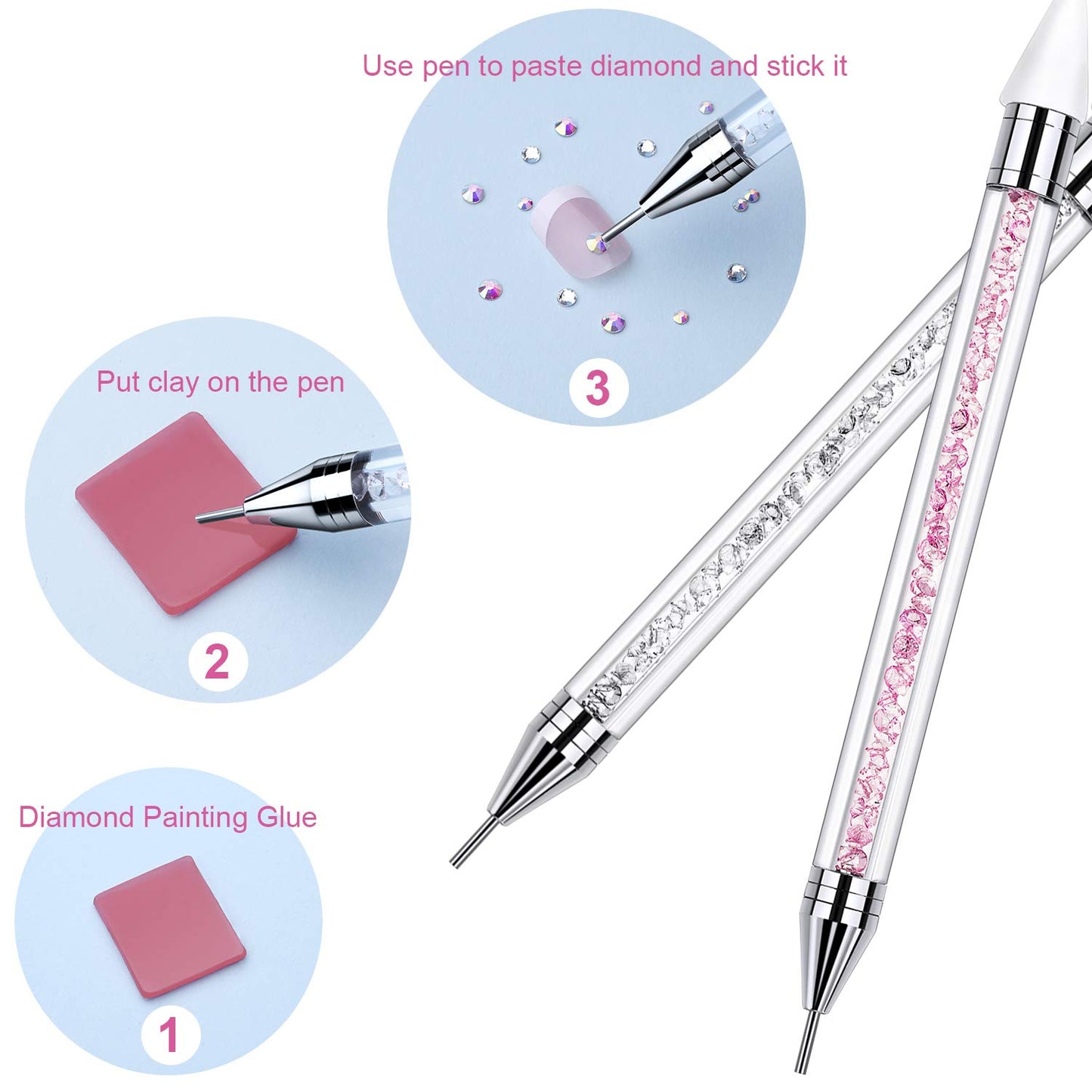 Tatuo 2 Pieces Rhinestone Picker Dotting Pen, Dual-ended Rhinestone Gems Crystals Studs Picker Wax Pencil Pen Crystal Beads Handle Manicure Nail Art DIY Decoration Tool (Pink, White)