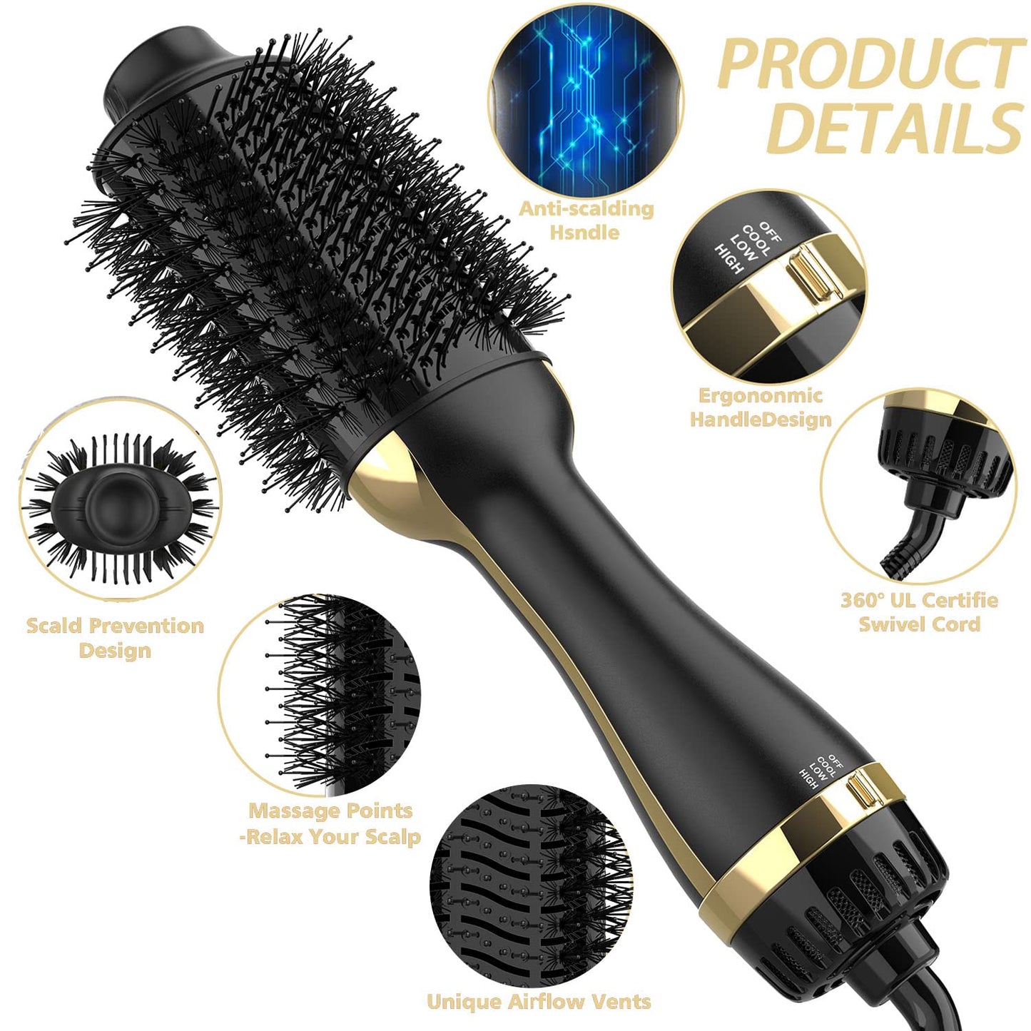 Hair Dryer Brush, 4 in 1 One Step Hair Dryer and Styler Volumizer Professional Hot Air Brush with Negative Ion Anti-frizz Blowout for Drying, Straightening Curling - Black Gold