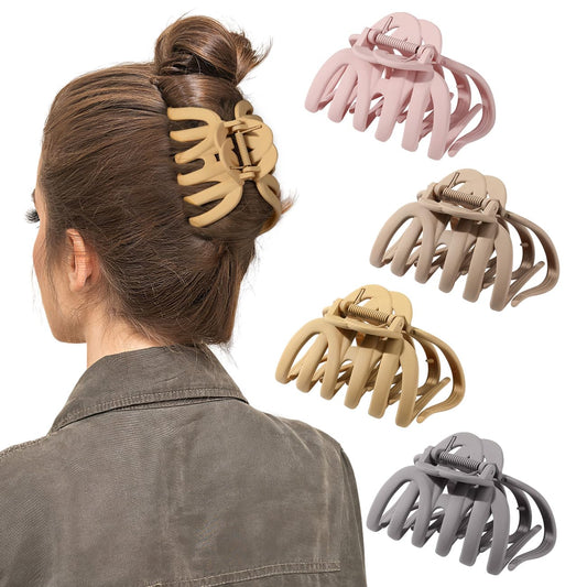Shinowa 4 Pack Hair Claw Clips, Large Hair Clips Set for Thick Hair, 4 Neutral Colors Octopus Thick Hair Claws for Women, Non-slip Claws Jaw Clips Set Strong Hold for Girls Long Hair, Set C