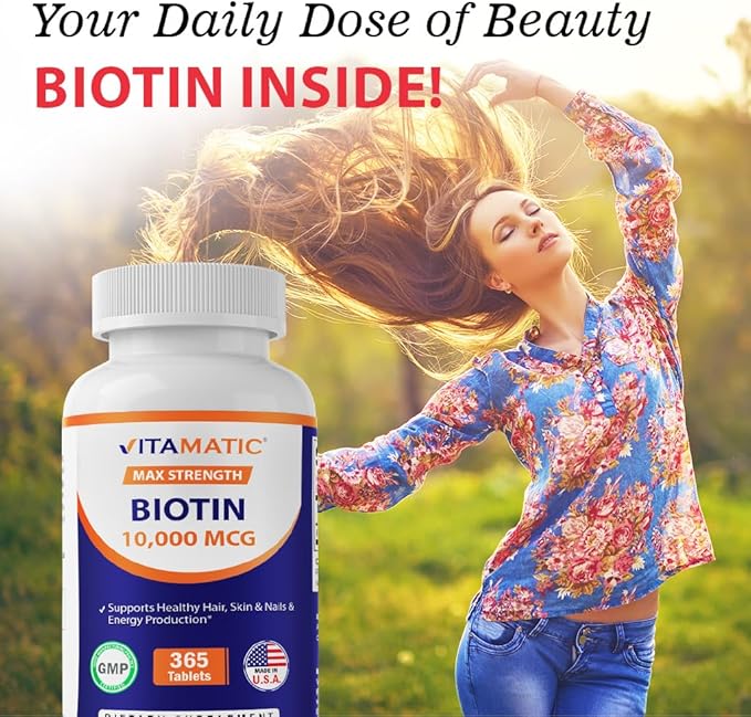 Vitamatic Biotin 10,000 mcg (10 mg) for Stronger Hair, Skin & Nails - 365 Vegan Tablets- Also Called Vitamin B7