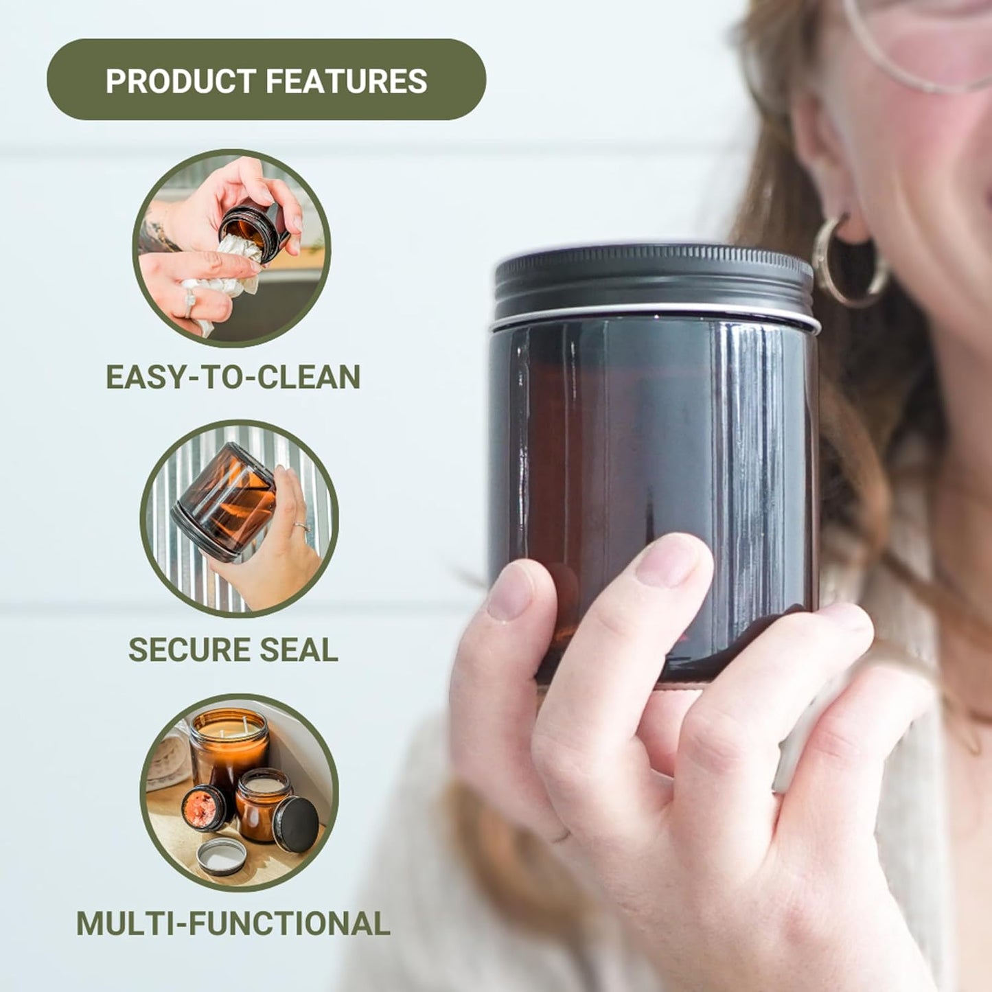 Glass Amber 8oz Jar - 12 Packs, Empty Round Jars For Beauty Products, Lotion, and Powders - Black Lid - Small Candle Jars