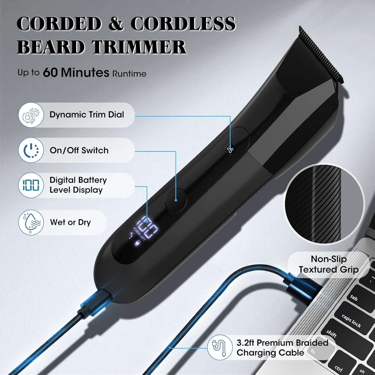 Beard Trimmer for Men Groin & Body Hair Trimmer, Nose & Ear Clipper Head Razors for Bald Men, 5 in 1 Waterproof Manscape Kit with Travel Case, LED Display, Grooming Kit Gift for Him