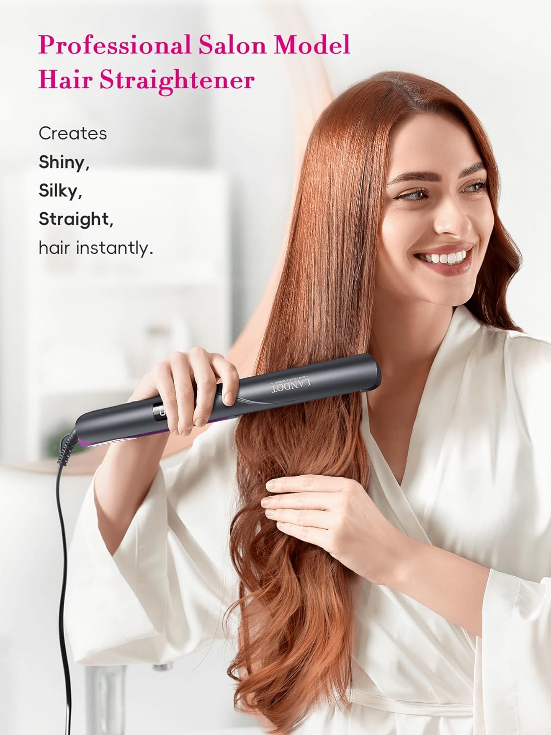 LANDOT Flat Iron Hair Straightener: Ceramic Ionic Straightener for Frizz-Free Shine - Adjustable Temp 250-450F & Auto Shut Off + Travel Pouch