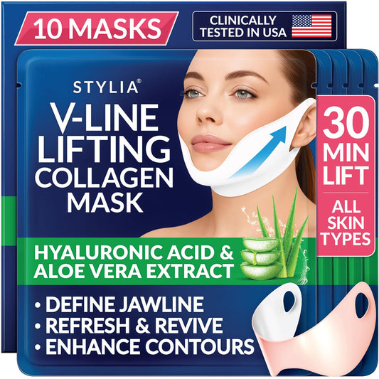 STYLIA V Line Lifting Collagen Face Mask - Lift, Firm & Contour Jawline - Double Chin Strap with Hyaluronic Acid & Aloe Vera - Hydrating Neck & Face Tightening Mask - Chin Strap for Sleeping (10PC)