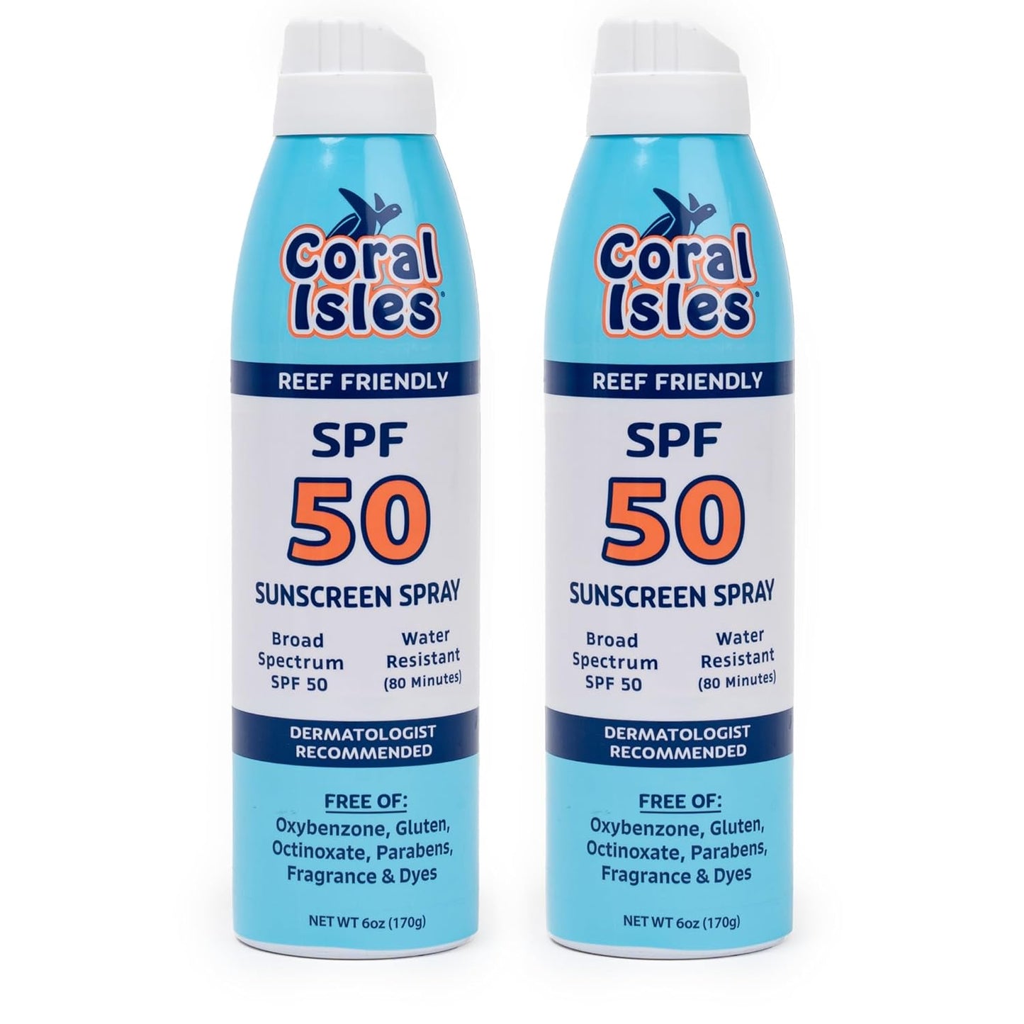 Coral Isles SPF 50 Sunscreen Spray - Hawaii Compliant - Oxybenzone & Octinoxate Free - Broad Spectrum - Water Resistant, 6 Fl Oz (Pack of 2)