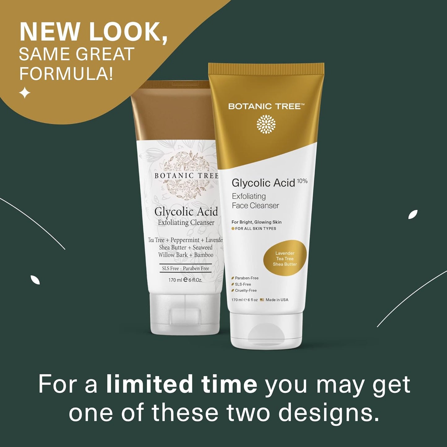 Botanic Tree Glycolic Acid Face Wash - Facial Cleanser For Skin Care, Treatment Scrub, 10% Glycolic and Salicylic Acid 6 fl. oz (2 pack)