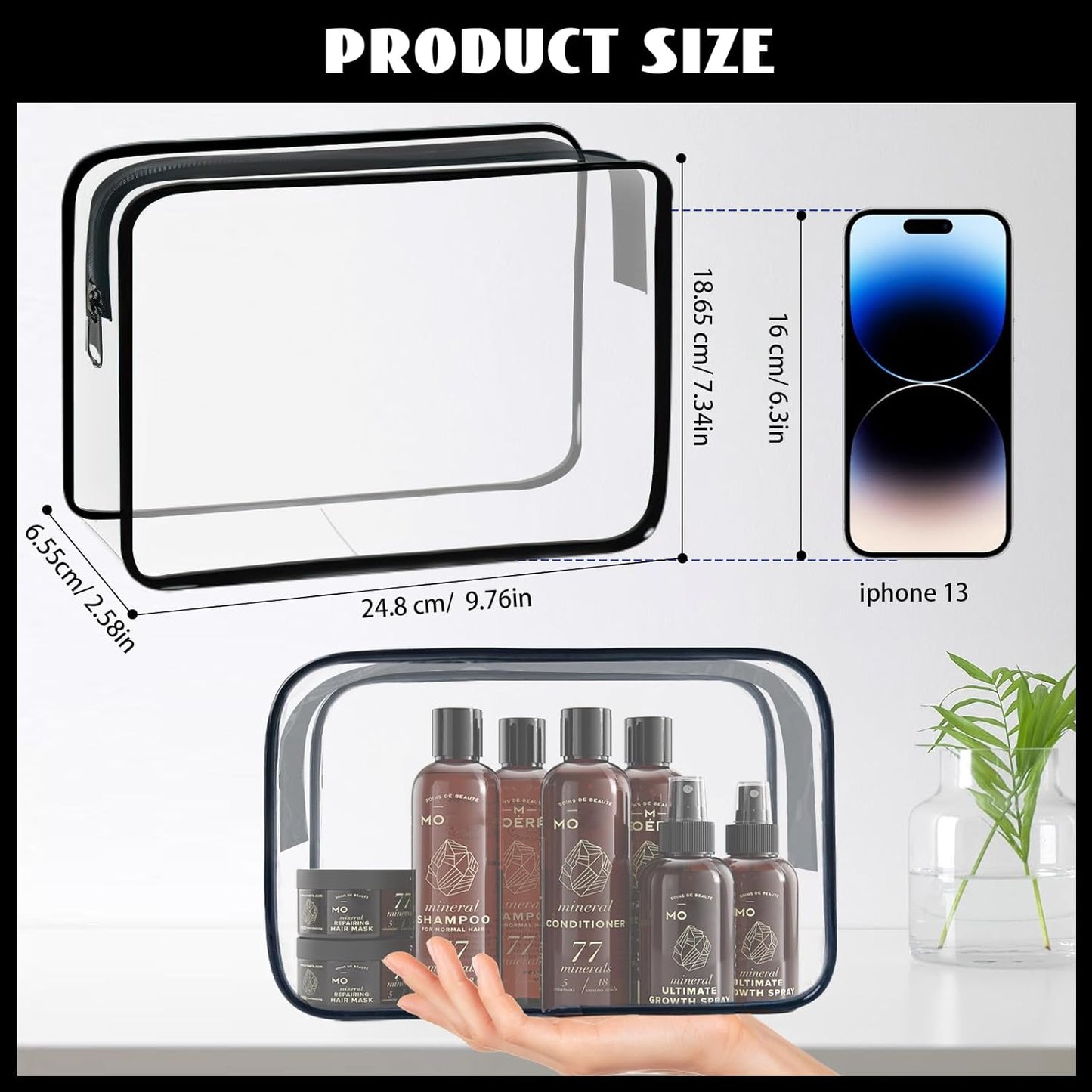 16 Pack Waterproof Cosmetic Bag TSA Approved Toiletry Bag, Portable Travel Pouch with Zipper, Vinyl Plastic Organizer Storage for Men and Women (Black-L)