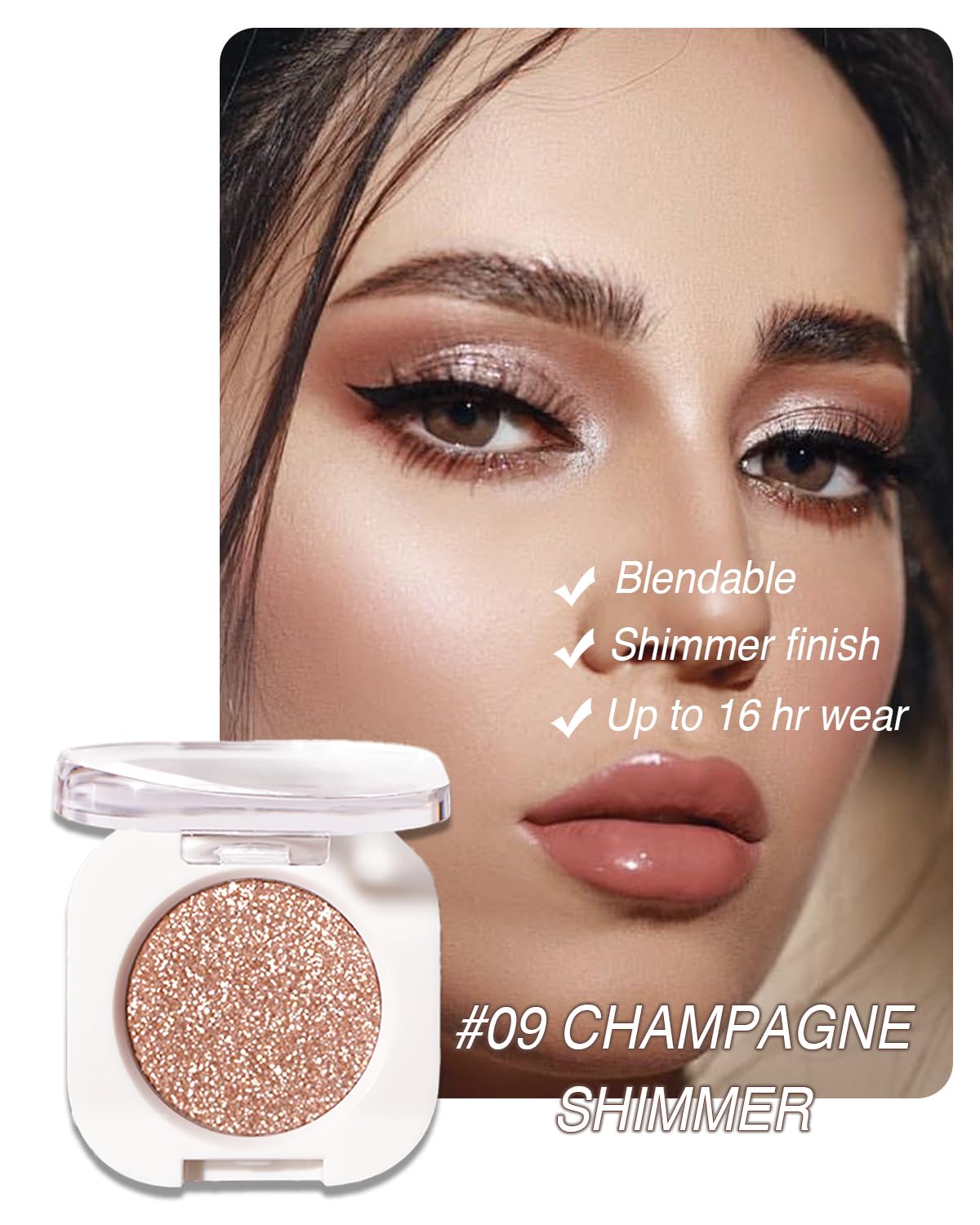 Glitter Shimmer Eyeshaow, Pigmented, Soft, Smooth Formula, Blendable Sparkly Eye Shadow Eyeliner Palette Makeup, Long-lasting Metallic and Shimmer Finish, Champagne Gold