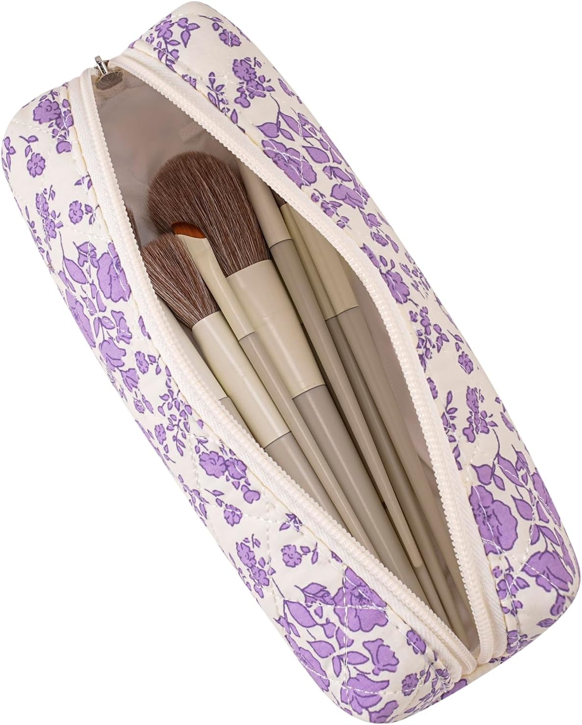 Cute Floral Cotton Makeup Brush Cosmetic Bag for Women, Travel Quilted Zipper Make Up Bag, Flowers Toiletry Organizer Case Kawaii Makeup Cosmetic Travel Cloth Pouch (Blue+Big Purple Floral)