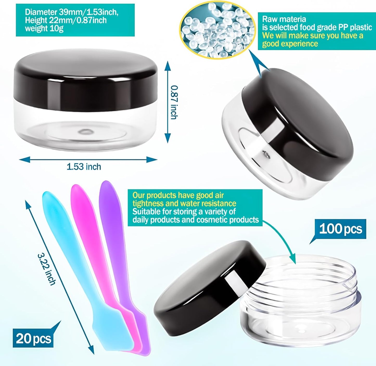 MotBach 50PCS 10g Empty Sample Containers with Black Lids,Refillable Makeup Sample Containers, Small Sample Pot Jars Travel Makeup Containers with Mini Spatulas for Liquid Powder Creams Lotions