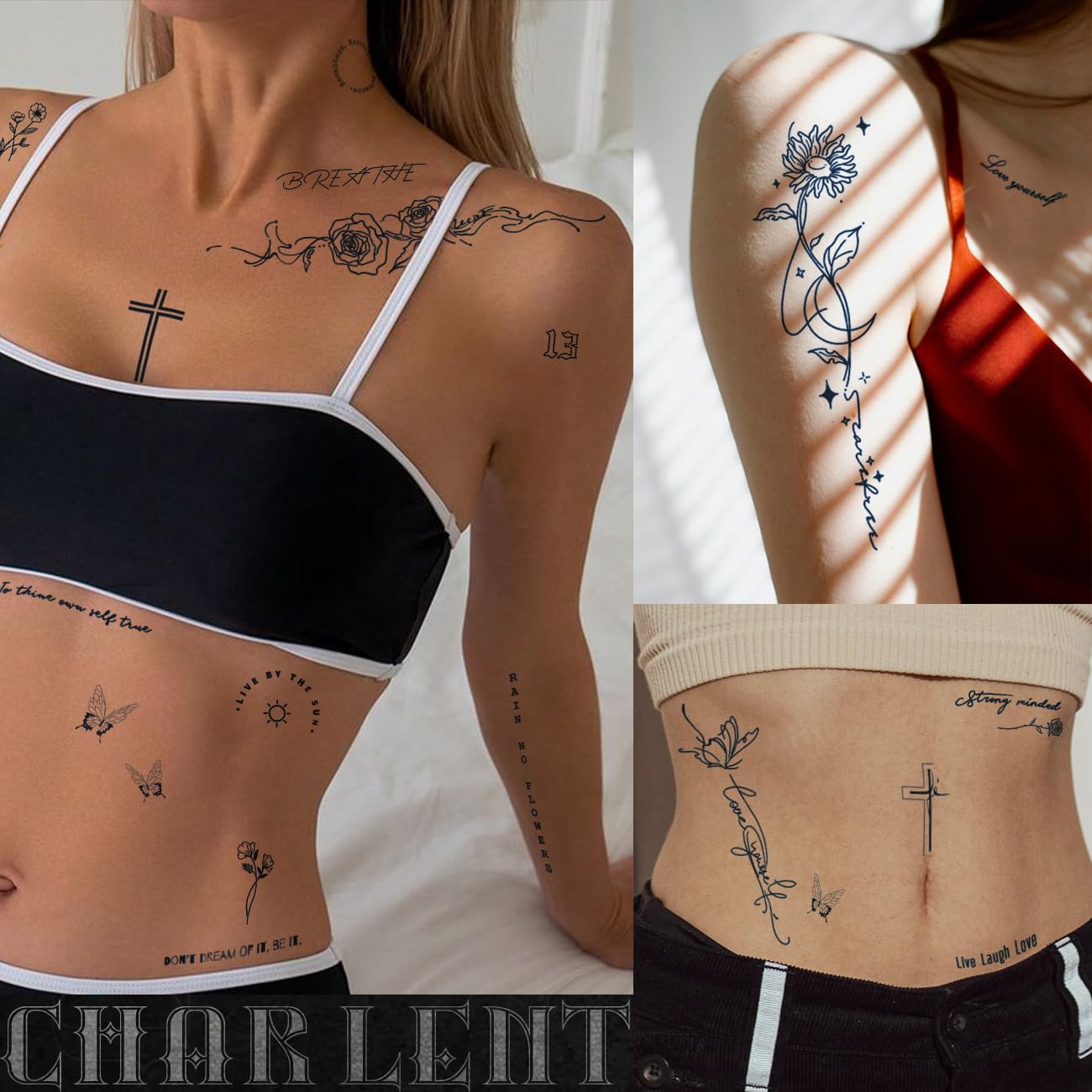 CHARLNET Semi-Permanent Tattoos for Adult - 2 Weeks Long Last Small Flower Words Tattoos for Women Men Hand Neck Body/Fades Naturally/No Reflection/Waterproof/Realistic, Minimal Line Art