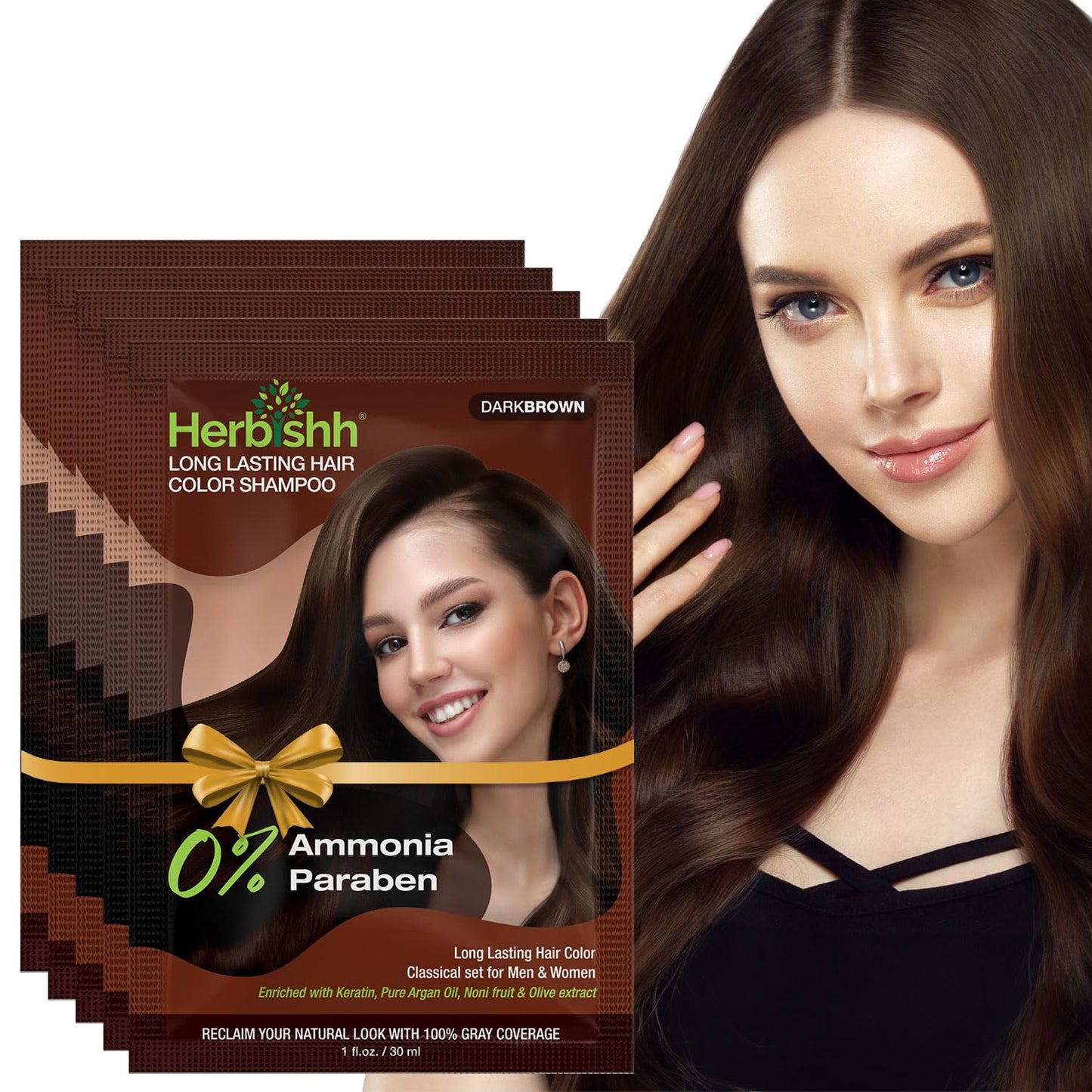 Herbishh Travel Pack Hair Dye Color Shampoo in Sachet + 1pc Argan Hair Mask Sachet (Dark brown, 5 sachets)