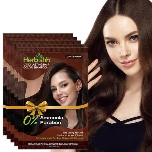 Herbishh Travel Pack Hair Dye Color Shampoo in Sachet + 1pc Argan Hair Mask Sachet (Dark brown, 5 sachets)