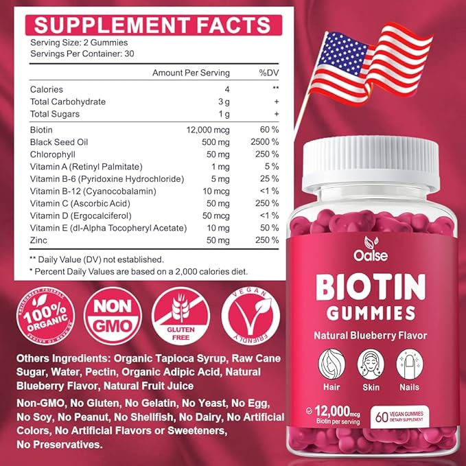 Biotin Gummies, Biotin Supplement with Chlorophyll, Black Seed Oil, Multivitamins and Zinc Support Hair Skin and Nails Health for Women and Men [60 Count (Pack of 1)]