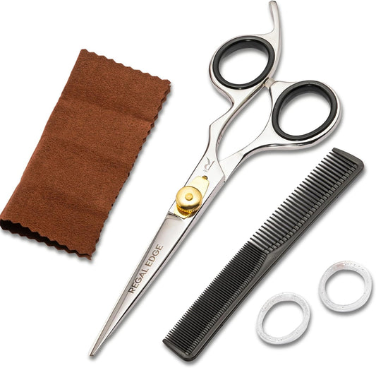 Hair Cutting Scissors - 6.5” Japanese Stainless Steel Professional Hair Scissors - Razor Edge Barber Scissors with Golden Tension Screw, Comb and Cloth - Hair Shears For Man Woman Adults Kids Babies