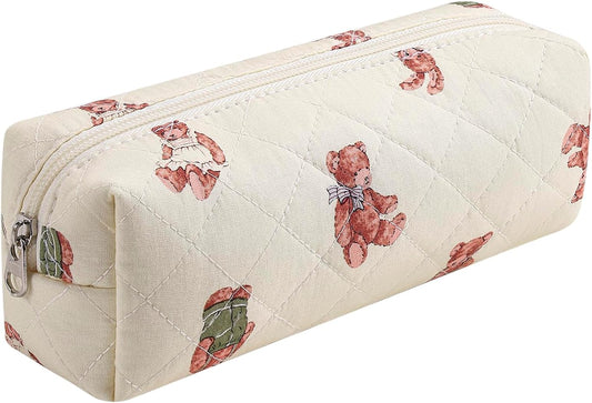 Cute Floral Cotton Makeup Brush Cosmetic Bag for Women, Travel Quilted Zipper Make Up Bag, Flowers Toiletry Organizer Case Kawaii Makeup Cosmetic Travel Cloth Pouch (Rabbit Bear)