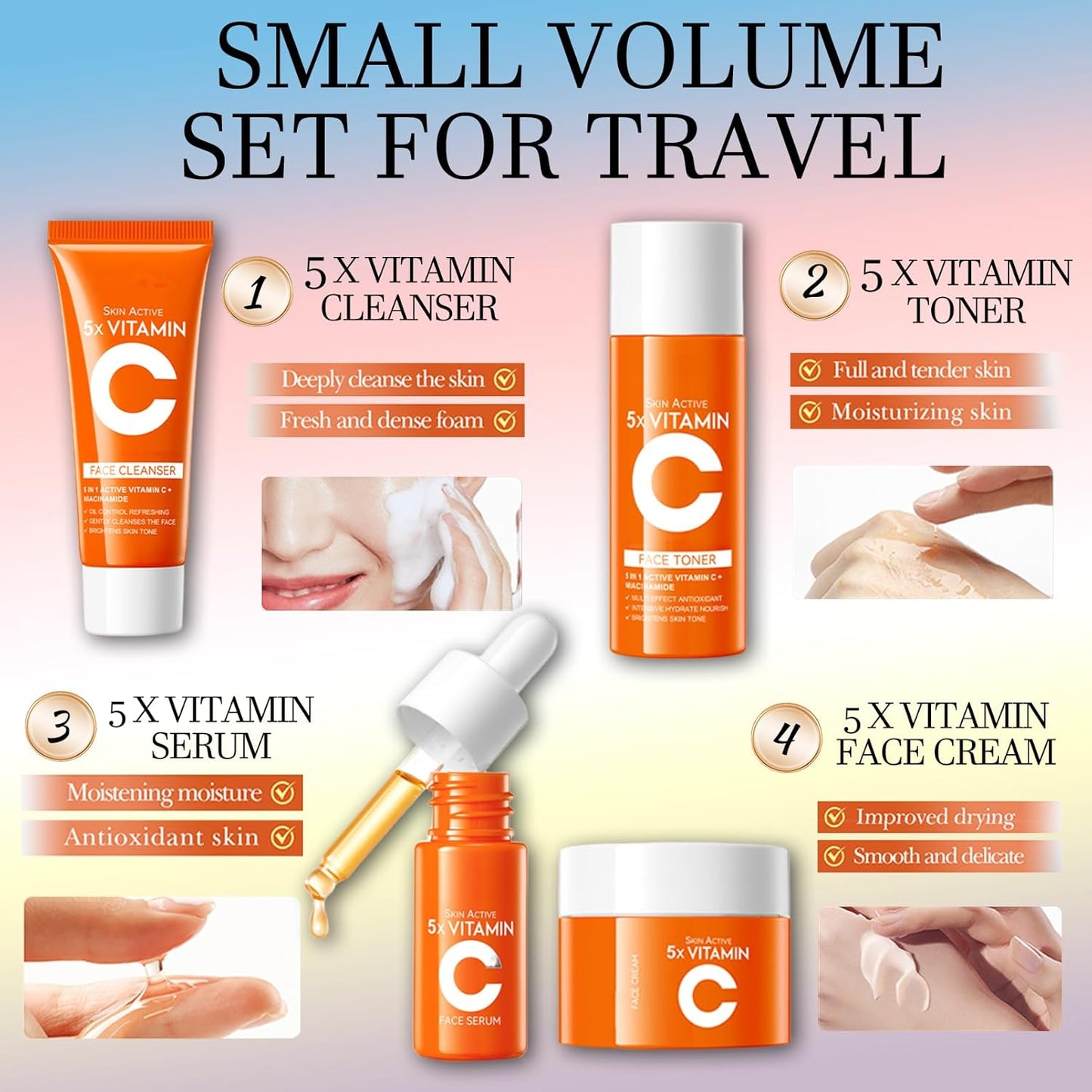 Skin Care Set Kit Vitamin C Korean Skincare Set Skin Care for Kids Includes Toner, Serum,Cleanser Gift Set for Women Teens Girls (4pcs Travel Set)