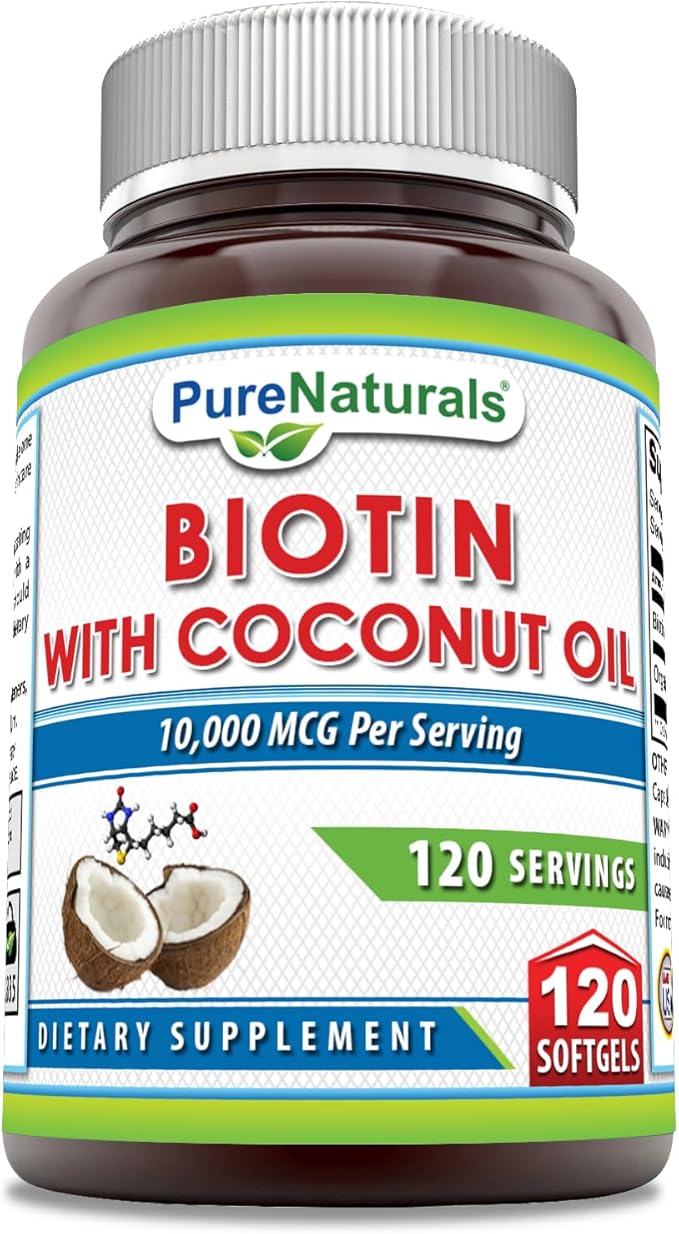 Pure Naturals Biotin 10000 Mcg with Extra Virgin Organic Coconut Oil 120 Softgels | Non-GMO | Gluten Free | Made in USA