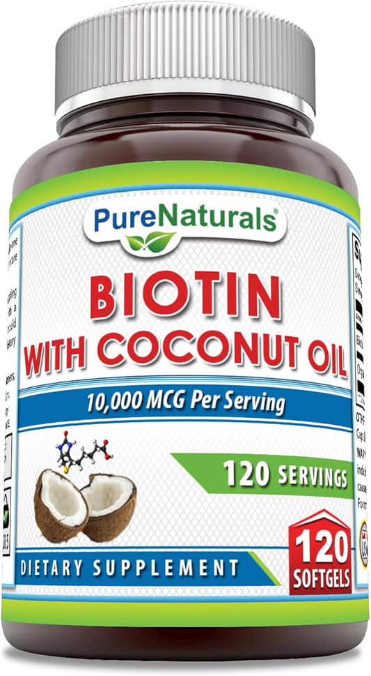 Pure Naturals Biotin 10000 Mcg with Extra Virgin Organic Coconut Oil 120 Softgels | Non-GMO | Gluten Free | Made in USA