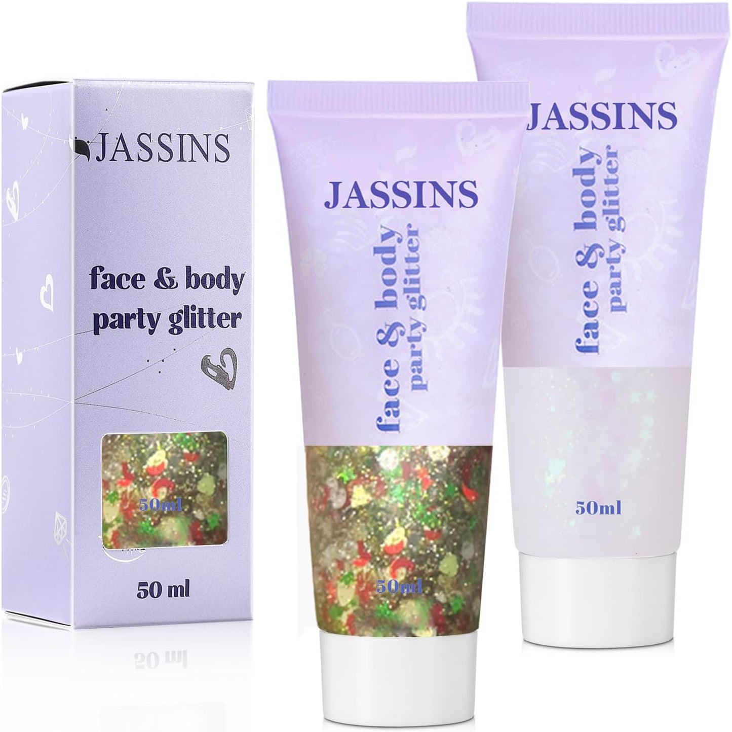 JASSINS 2PCS Body Glitter, 100ml Christmas Face Glitter for Women Girls Kids, Glitter Gel Makeup Tween Gifts, Singer Concerts Festival Rave Accessories, Chunky Mermaid Sequins Glitter