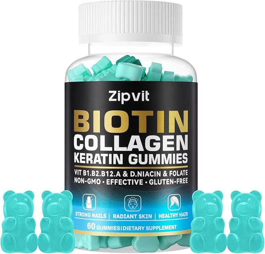 Biotin Collagen Gummies – Hair Skin and Nails Vitamins for Women & Men – Hair Growth Vitamins: B1, B2, B3, B6, B7, Collagen, Keratin, Vitamin A & D – Hair Growth Supplement – 60 Gummy Bears