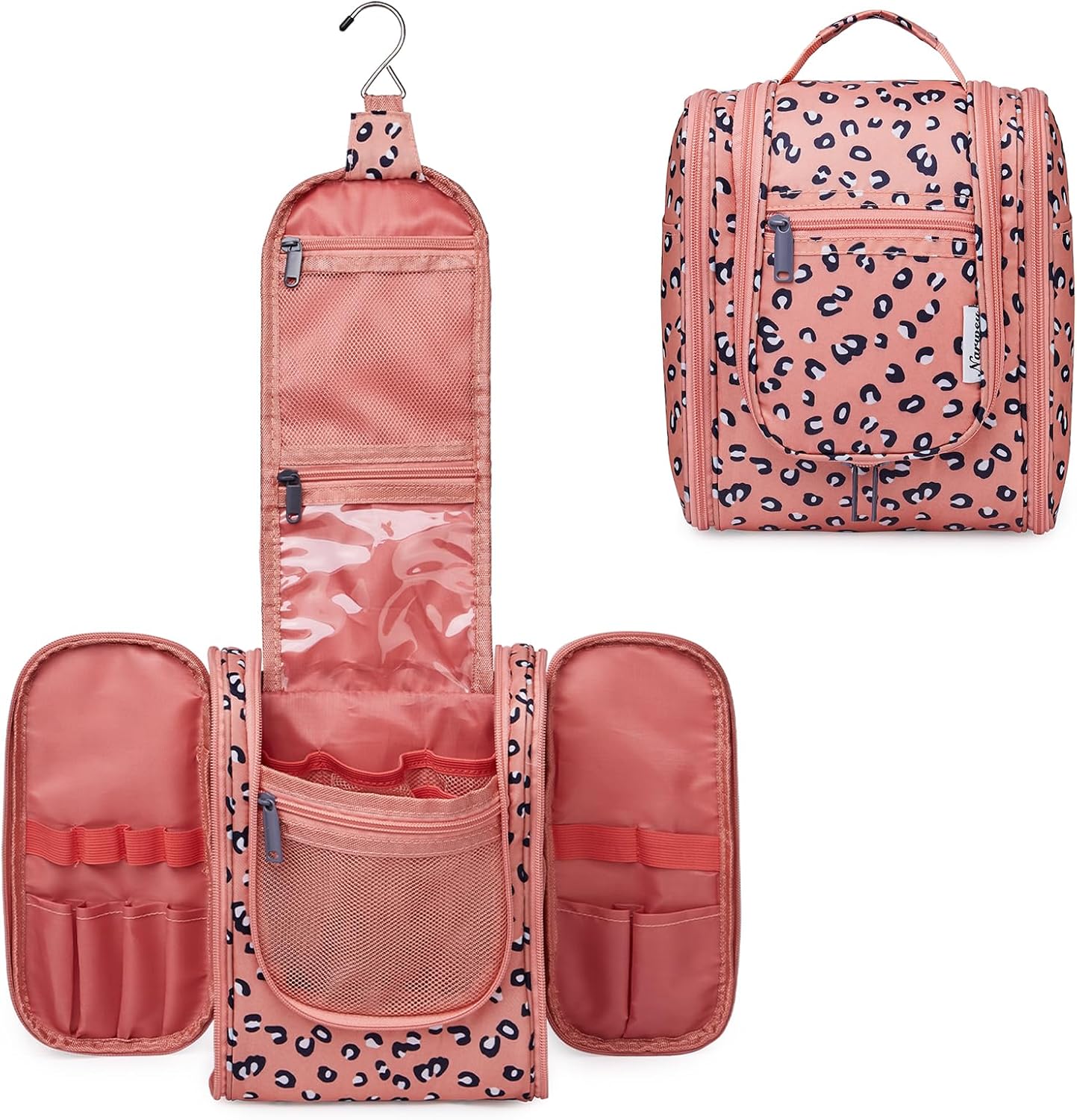 Narwey Cheetah Small Hanging Toiletry Bag Women Travel Makeup Bag Organizer Toiletries Bag for Travel Size Essentials Accessories Cosmetics (Medium, Orange Leopard)