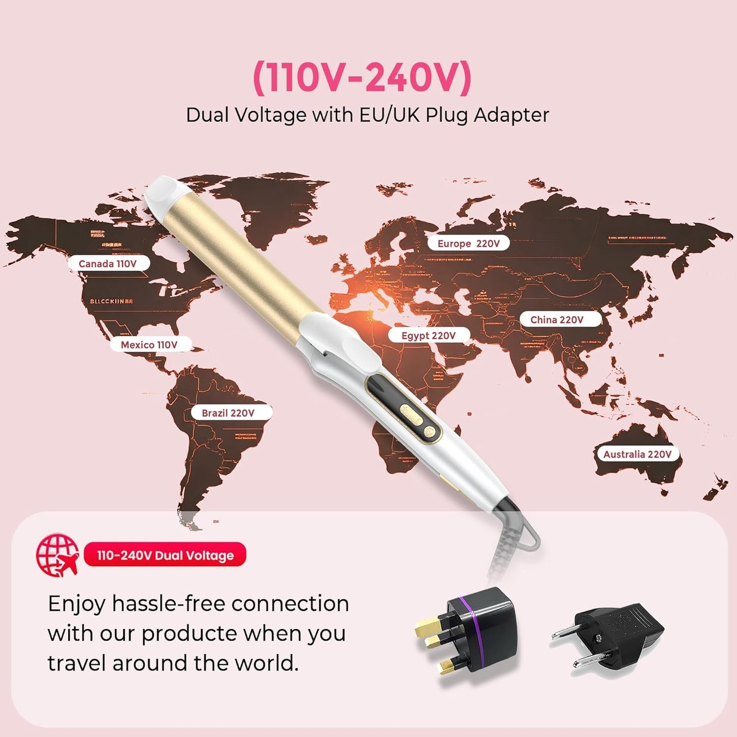 Dual Voltage Curling Iron Travel 2 in 1 Curl and Straightener (110V-240V) 1.25 Inch Normal Size Hair Curle Ceramic with EU/UK Plug Adapter Curling Wand Adjustable Temperature and Anti-Tangle