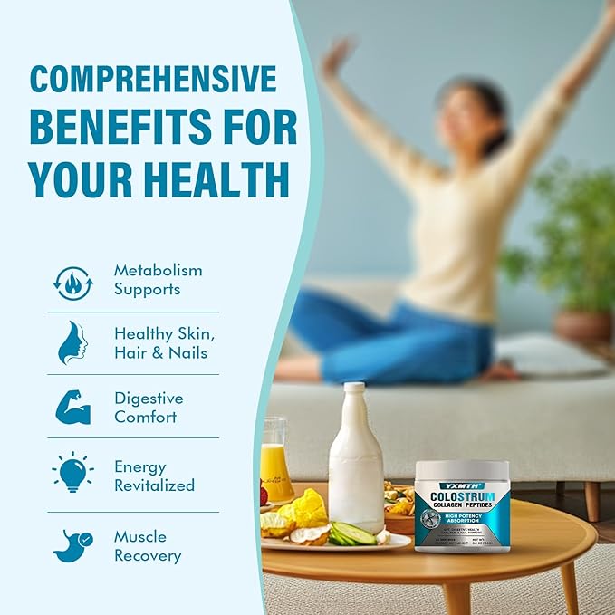 Premium Bovine Colostrum & Collagen Powder - Gut Repair, Immune Boost, Hair Growth & Beauty Support with IgG, Probiotics, and Vitamins B12/C/D3 - Sugar-Free, Gluten-Free, Fat-Free (60 Servings)