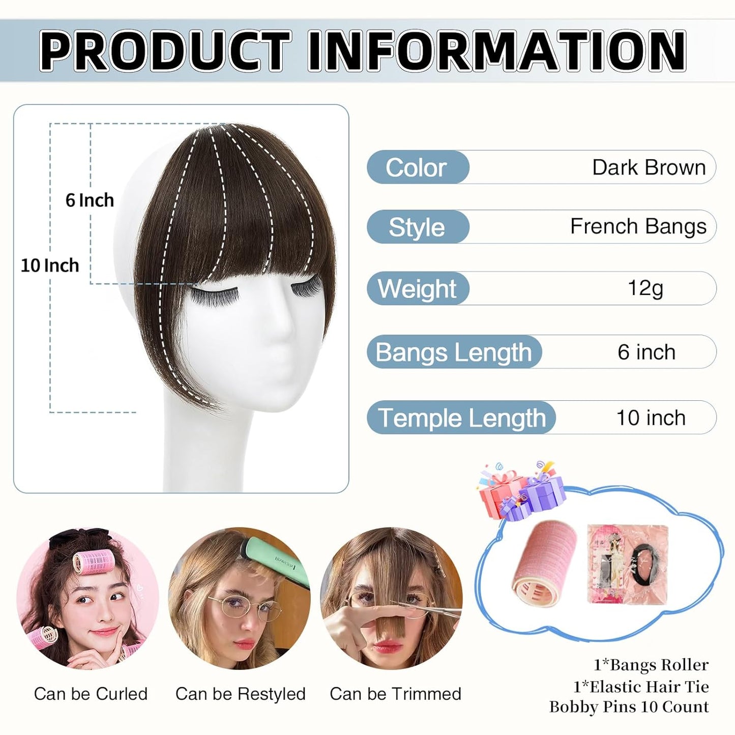 Clip In Bangs for Women, Dark Brown French Bangs Hair Clip with Temples, 100% Real Human Hair Layered Curved Fringe for Halloween and Daily Use(Dark Brown, French Bangs)