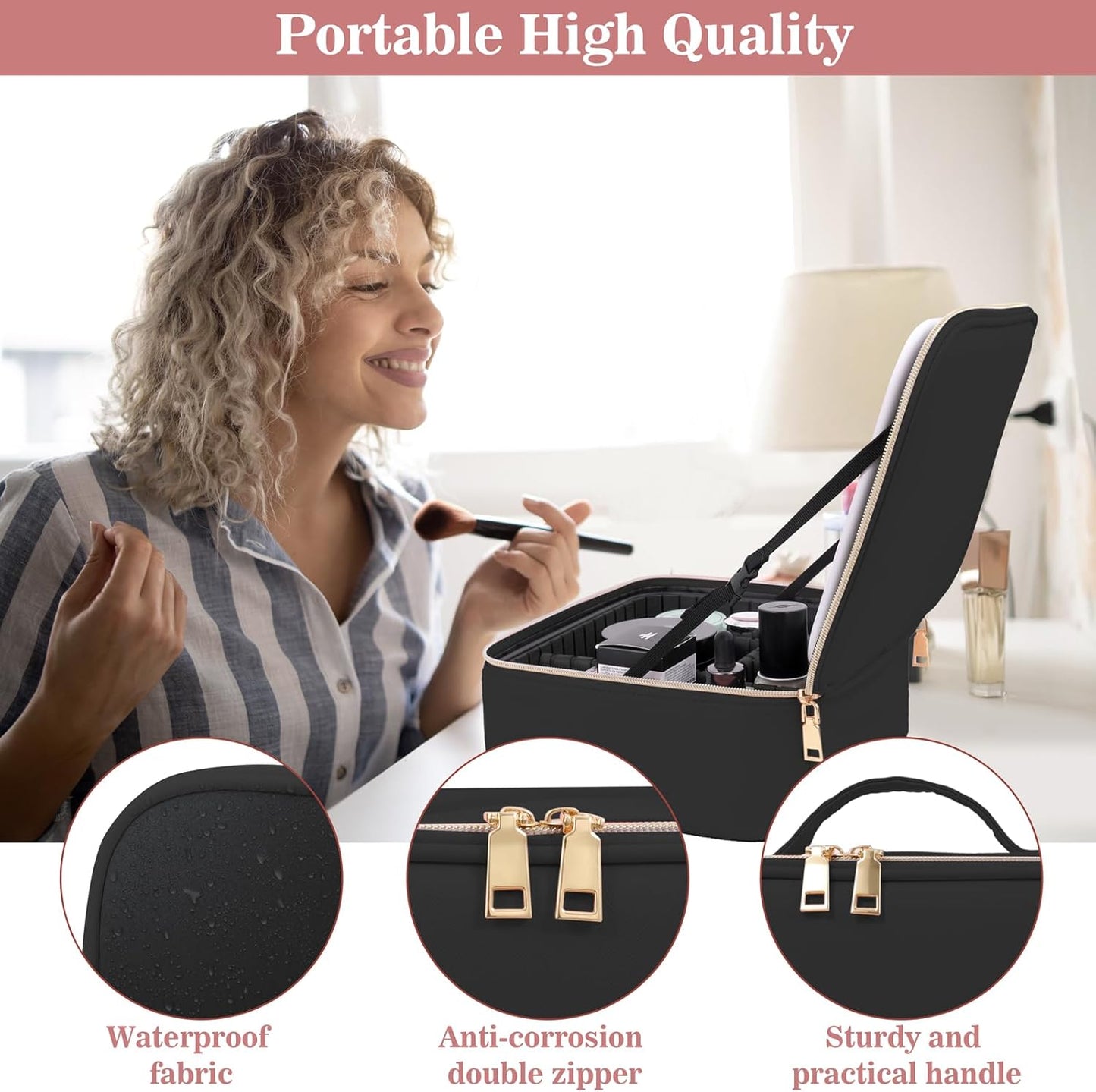 Makeup Case with LED Mirror,Makeup Organizer Bag Travel Makeup Case Large Makeup Bag With Rechargeable Mirror 3 Color Lights Detachable Mirror for Women Beauty Tools Accessories（Black）