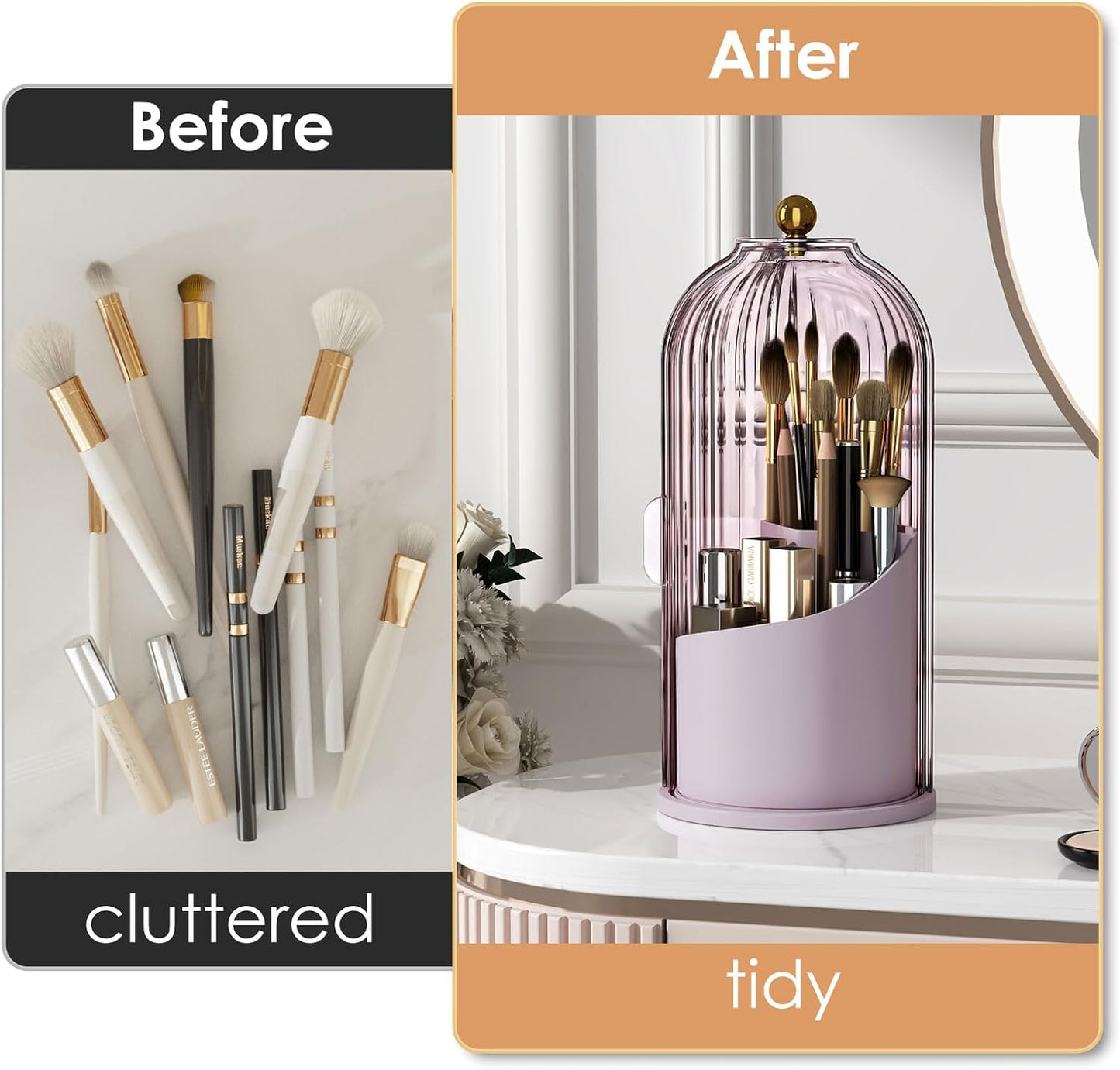 Makeup Brush Holder with Lid 360 Rotating Clear Dustproof Make Up Organizers for Vanity Bathroom Countertop, Pink