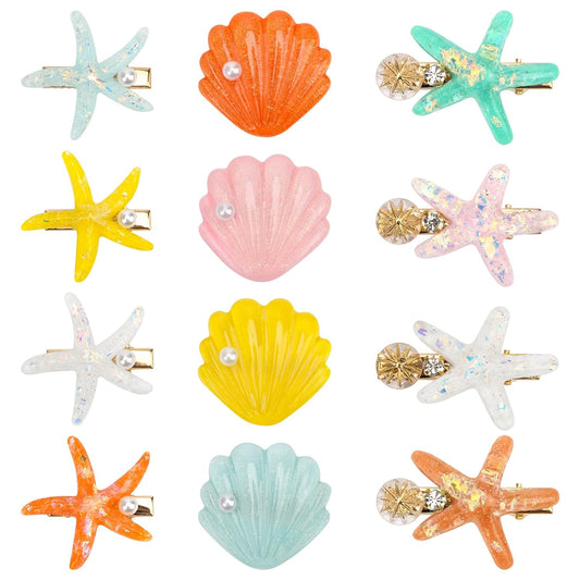 12 Pieces Catcan Starfish and Seashell Hair Clips Set - Artificial Hair Accessories for Women's Headwear Styling