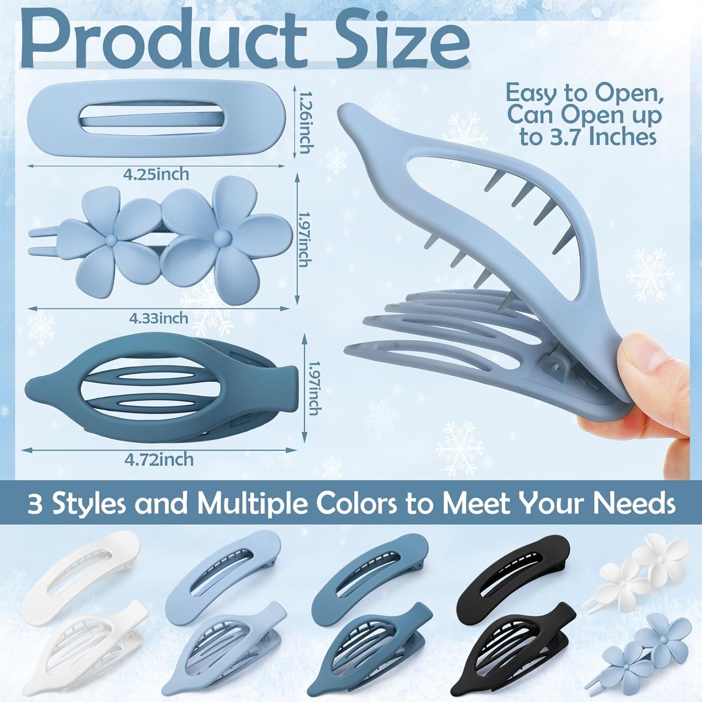 10 Pcs French Flat Hair Clips for Women, 3 Styles Blue Flat Claw Clips Strong Hold No Slip Matte Hair Claw Clips for Thin Thick Hair