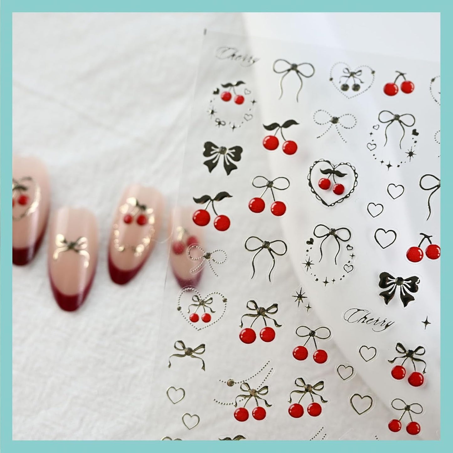 Cherry Bow Nail Art Stickers, Embossed Fruit Nail Decals, Self-Adhesive, Summer Spring Accessories for Women, Nail Decorations